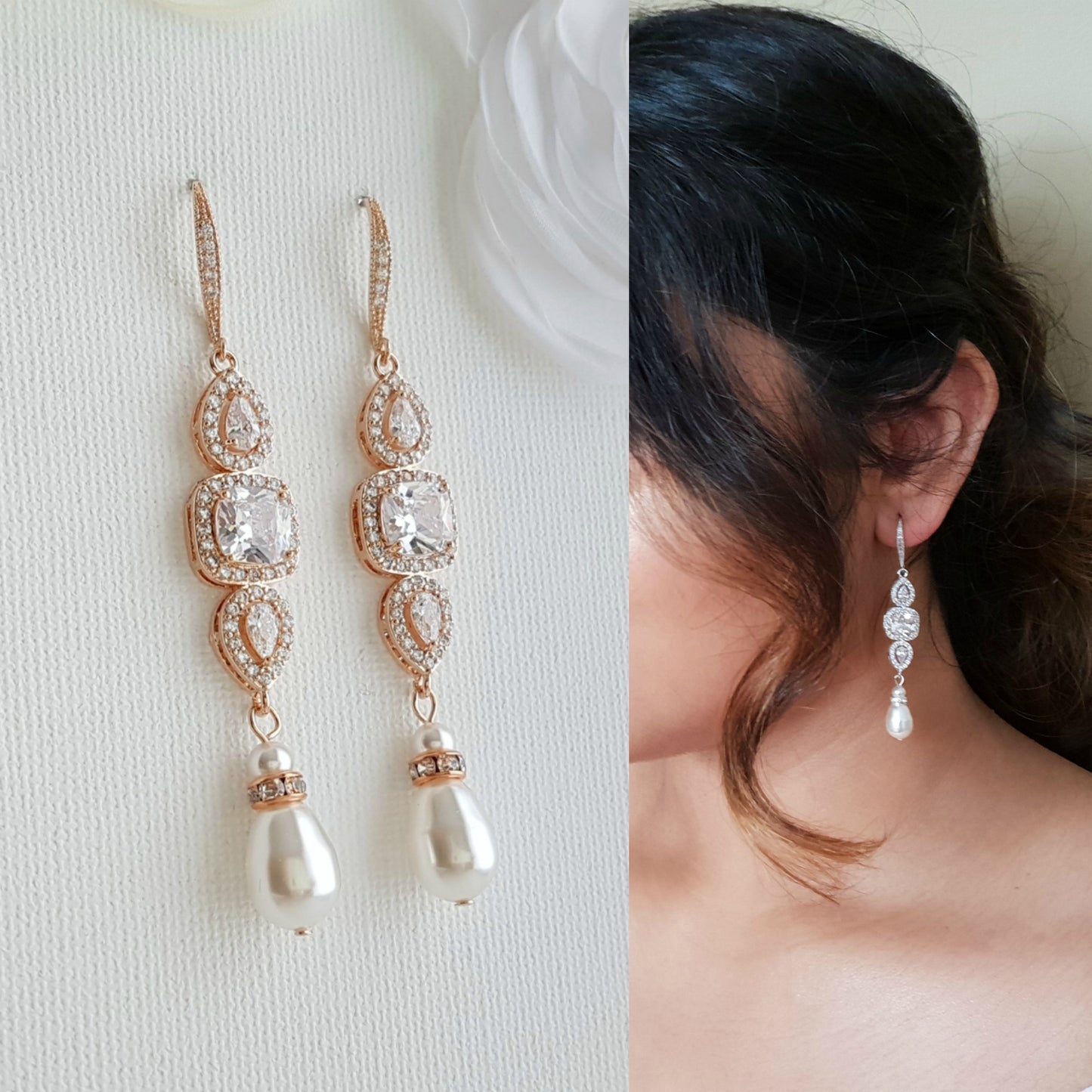 Rose Gold Pearl Drop Wedding Earrings-Gianna