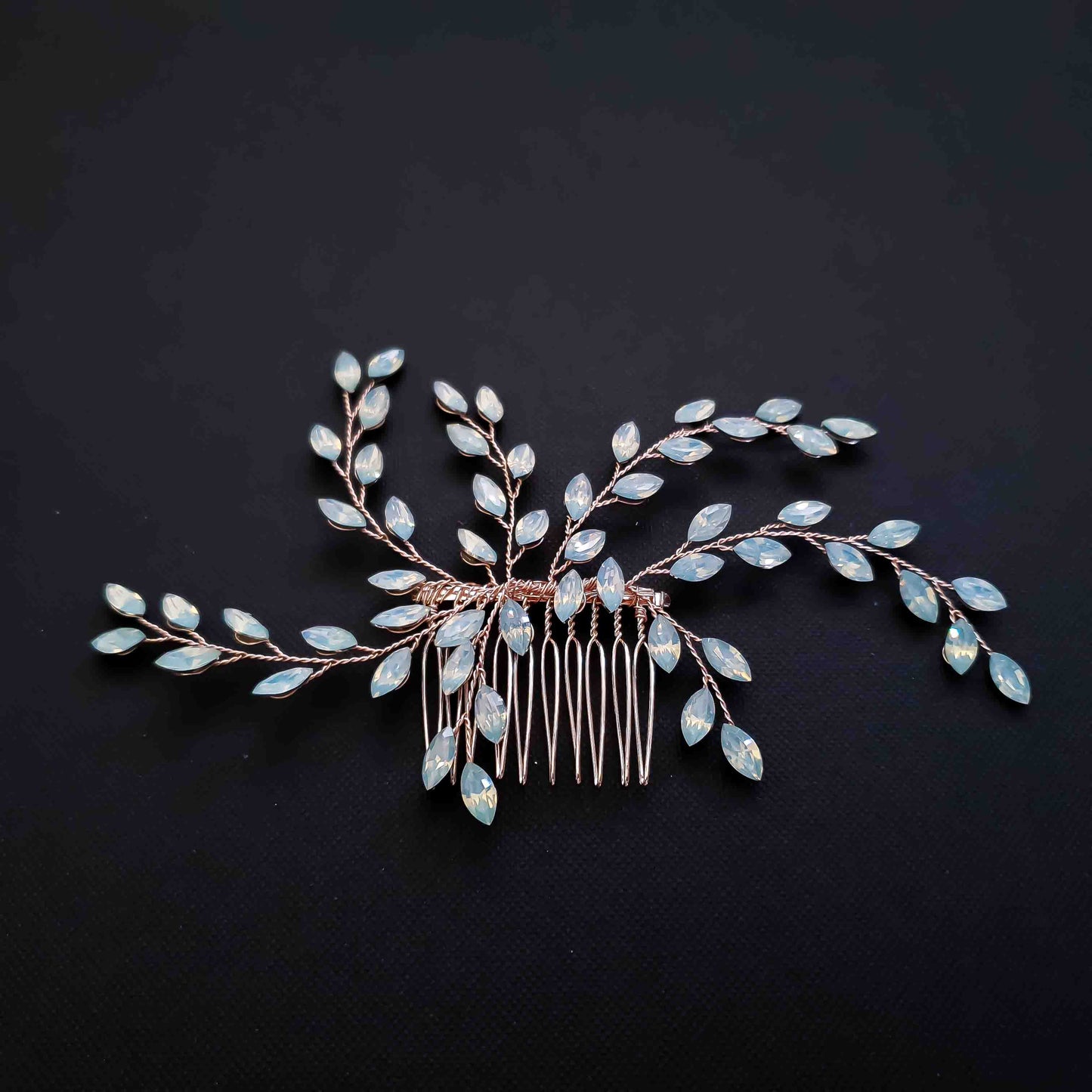 Simple Rose Gold Hair Comb with Blue Opal Crystals-Laura