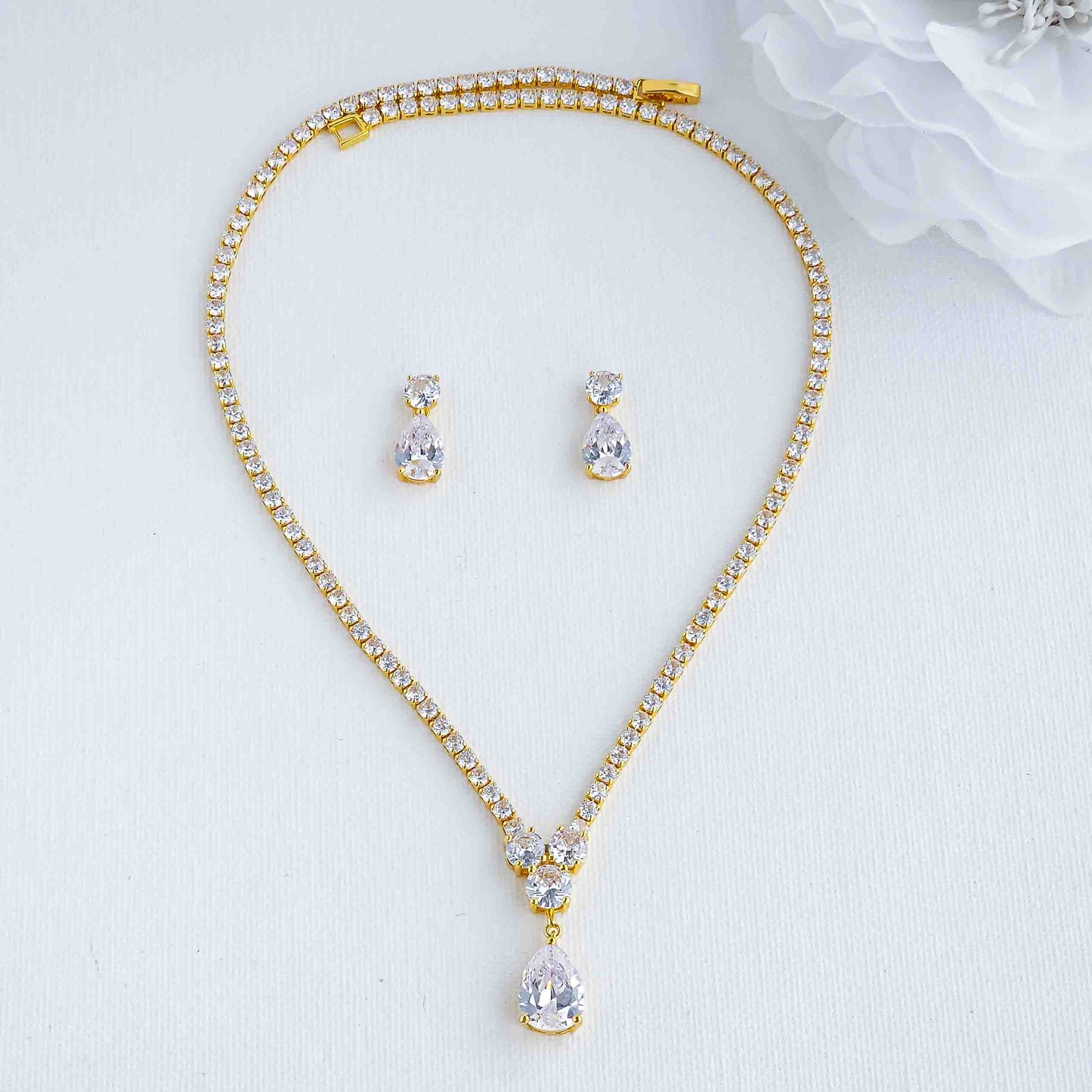 Gold Necklace with Cubic Zirconia for Weddings-Diane