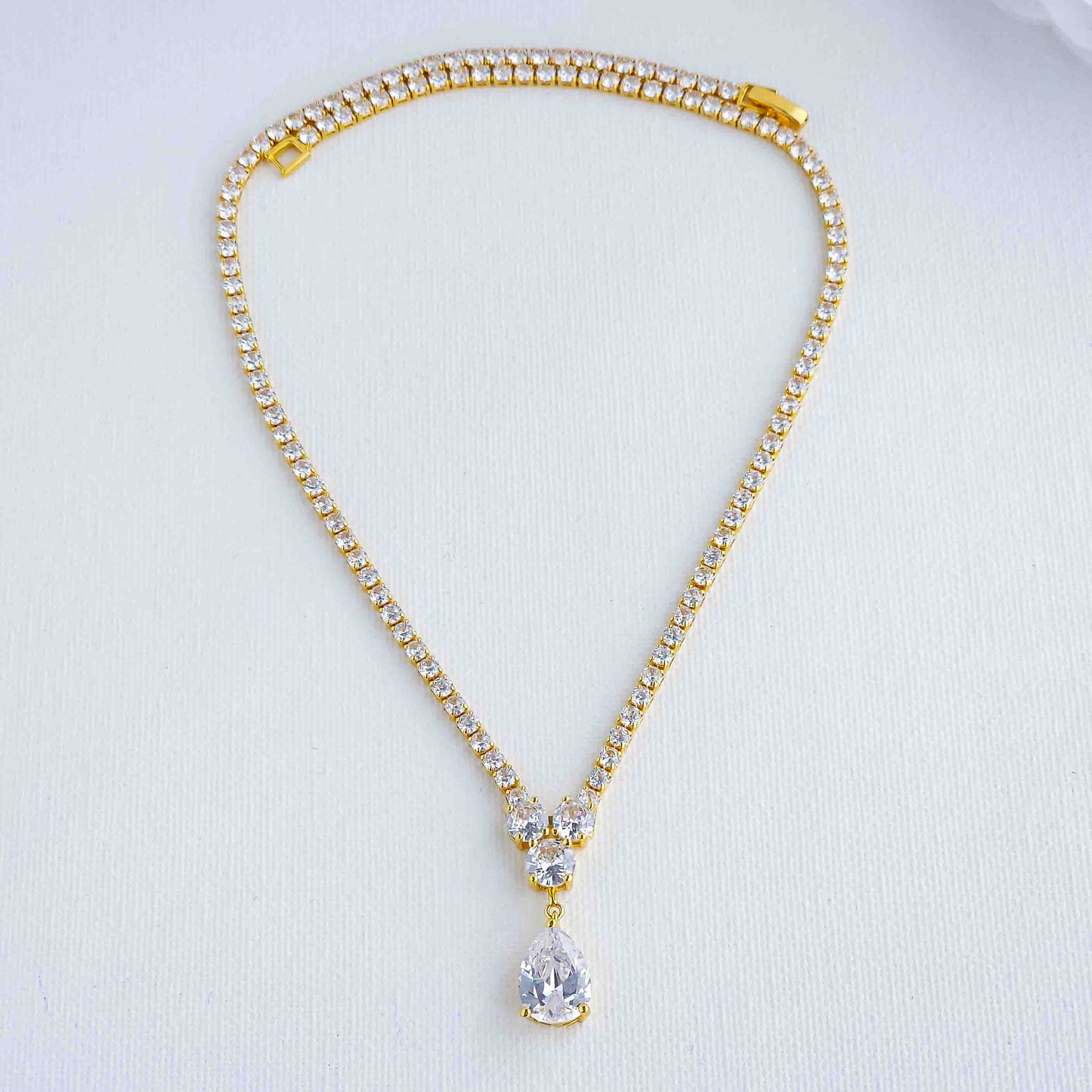 Gold Necklace with Cubic Zirconia for Weddings-Diane