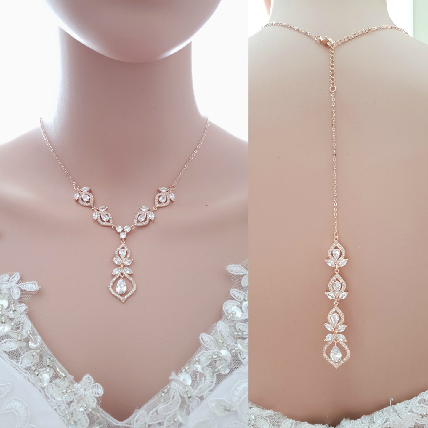 Back Necklace Rose Gold Bridal Necklace Crystal Wedding Necklace Gold Back Drop Necklace Backdrop Necklace for Brides Bridal Jewelry Meghan