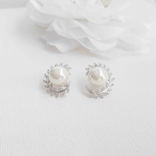 Leaf and Pearl Stud Earrings-Odell