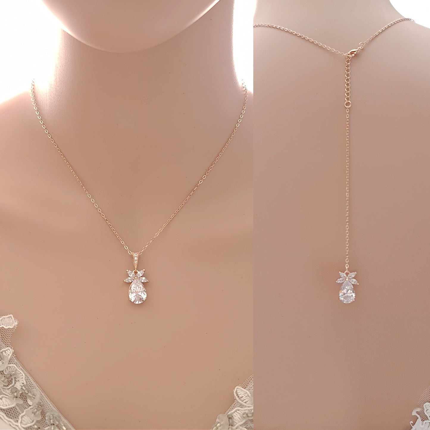 Simple Leaf Bridal Earrings and Necklace Set with Short Backdrop-Stella