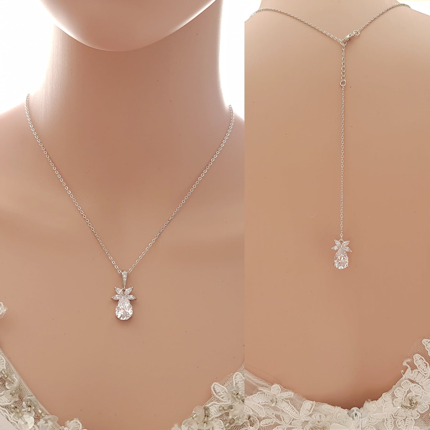 Simple Leaf Bridal Earrings and Necklace Set with Short Backdrop-Stella