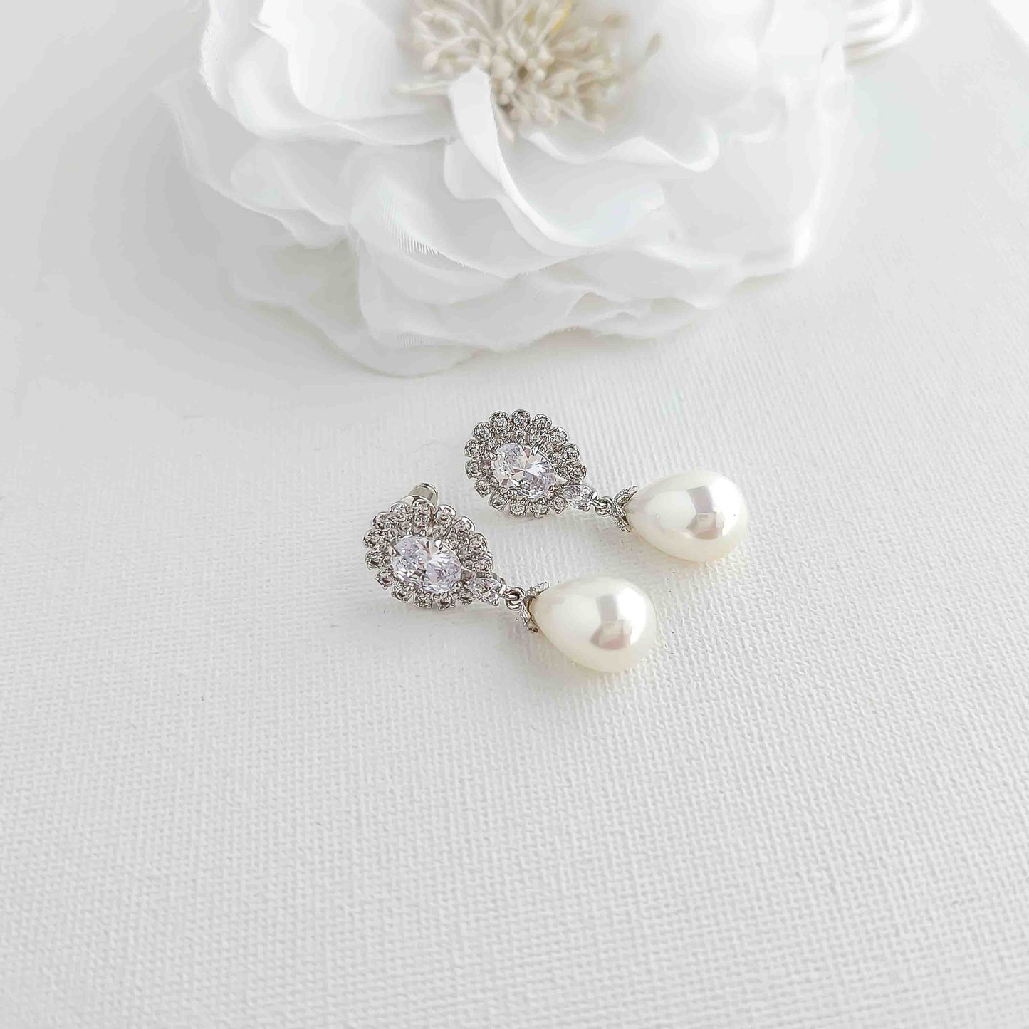 Earrings With White Teardrop Pearls for Brides-Sophie