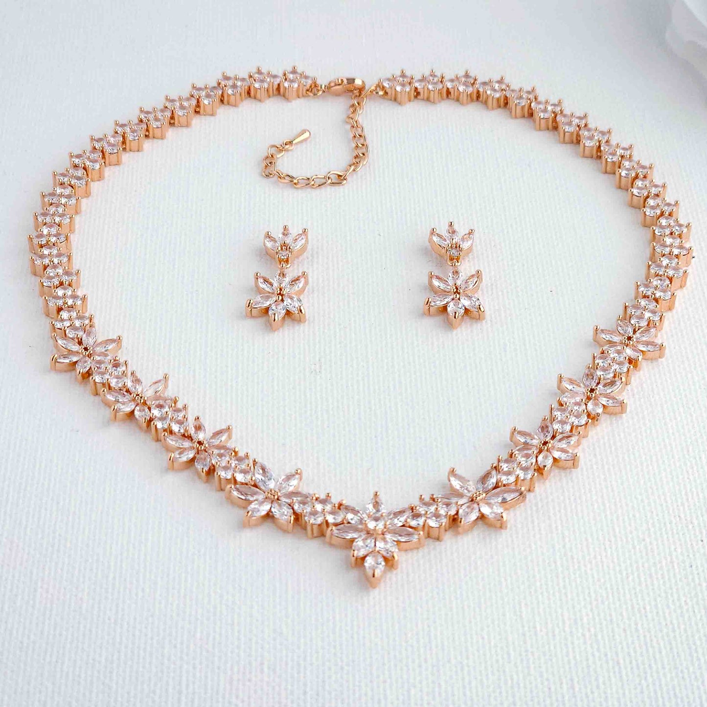 Rose Gold Bridal jewellery Set of Floral Necklace & Earrings-Sybil