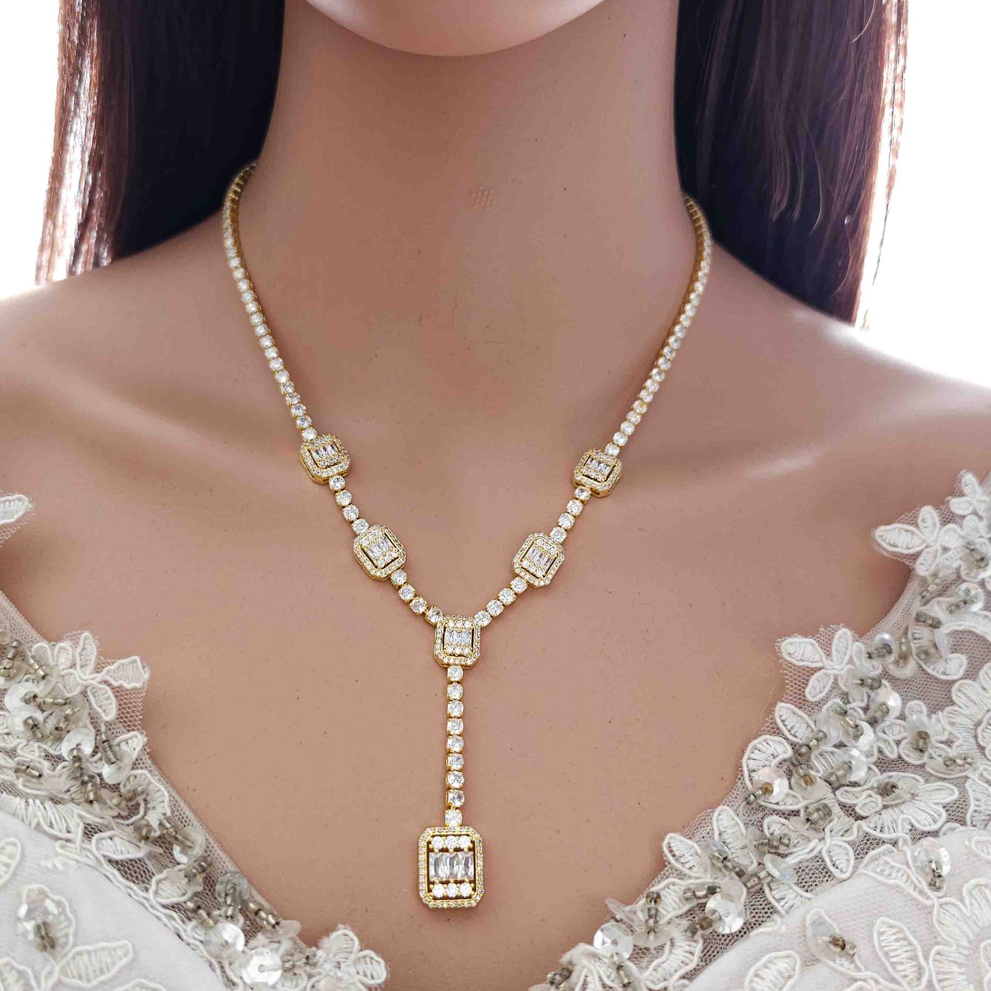 Gold Jewellery Set with Drop Necklace and Earrings for Wedding-Edith