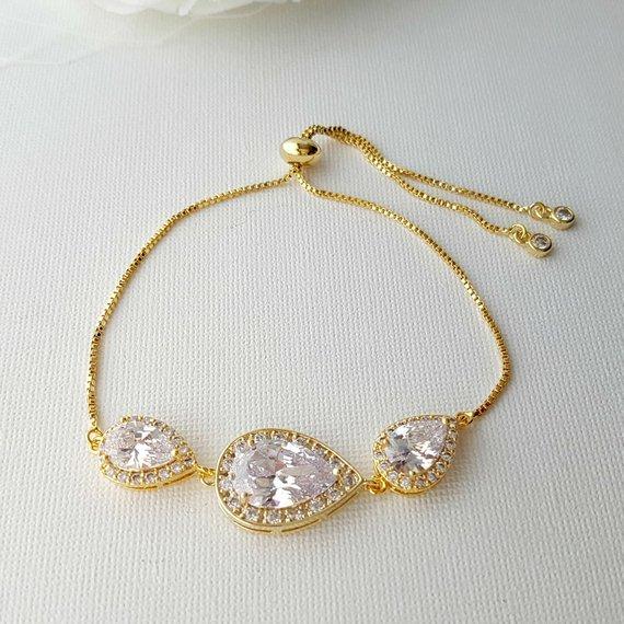 Crystal Bridal Bracelet, Wedding Jewelry, Bridesmaid Bracelet, Teardrop Bracelet, Zirconia Wedding Bracelet Adjustable Bracelet, Evelyn