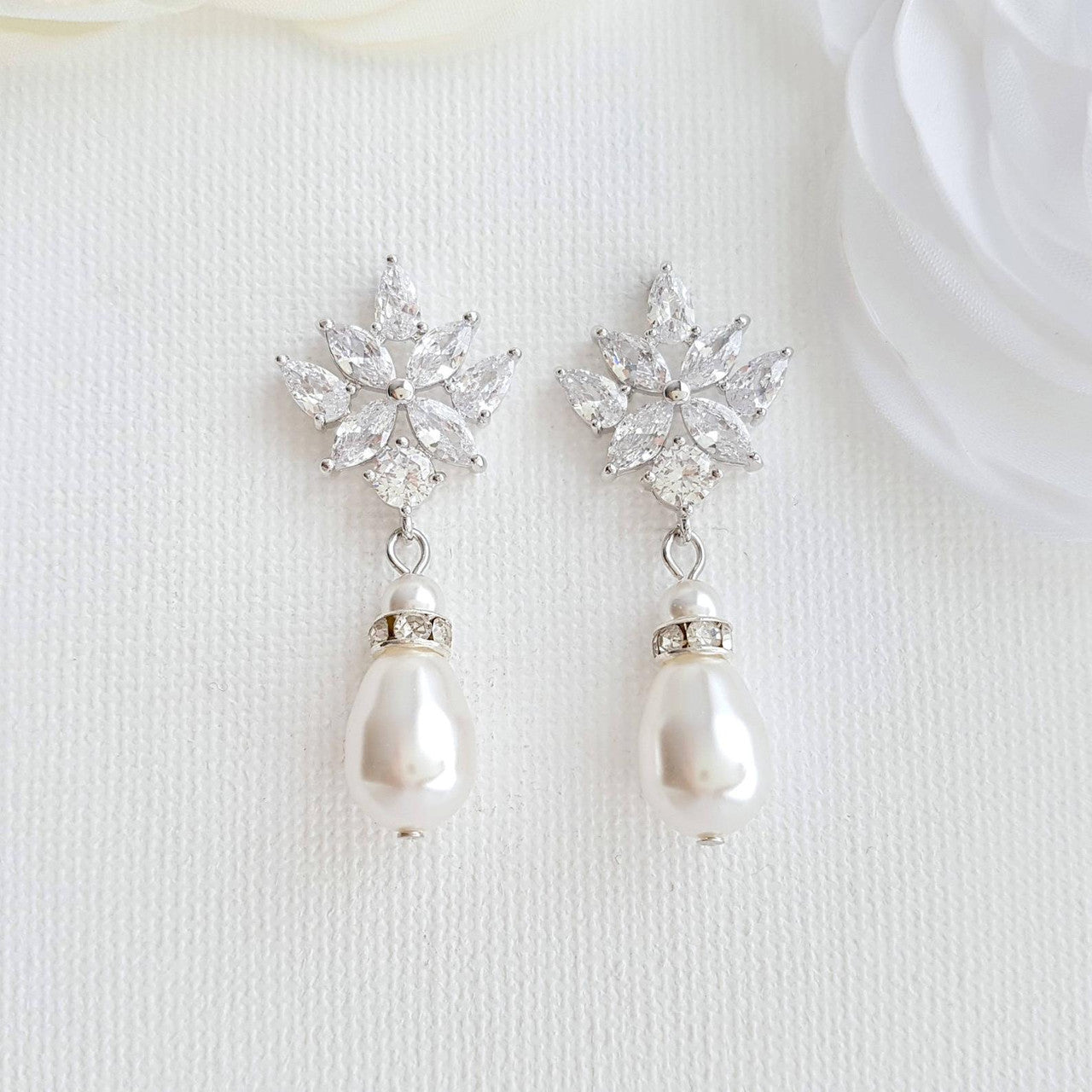 Crystal Bridal Earrings with Pearl Drop- Rosa