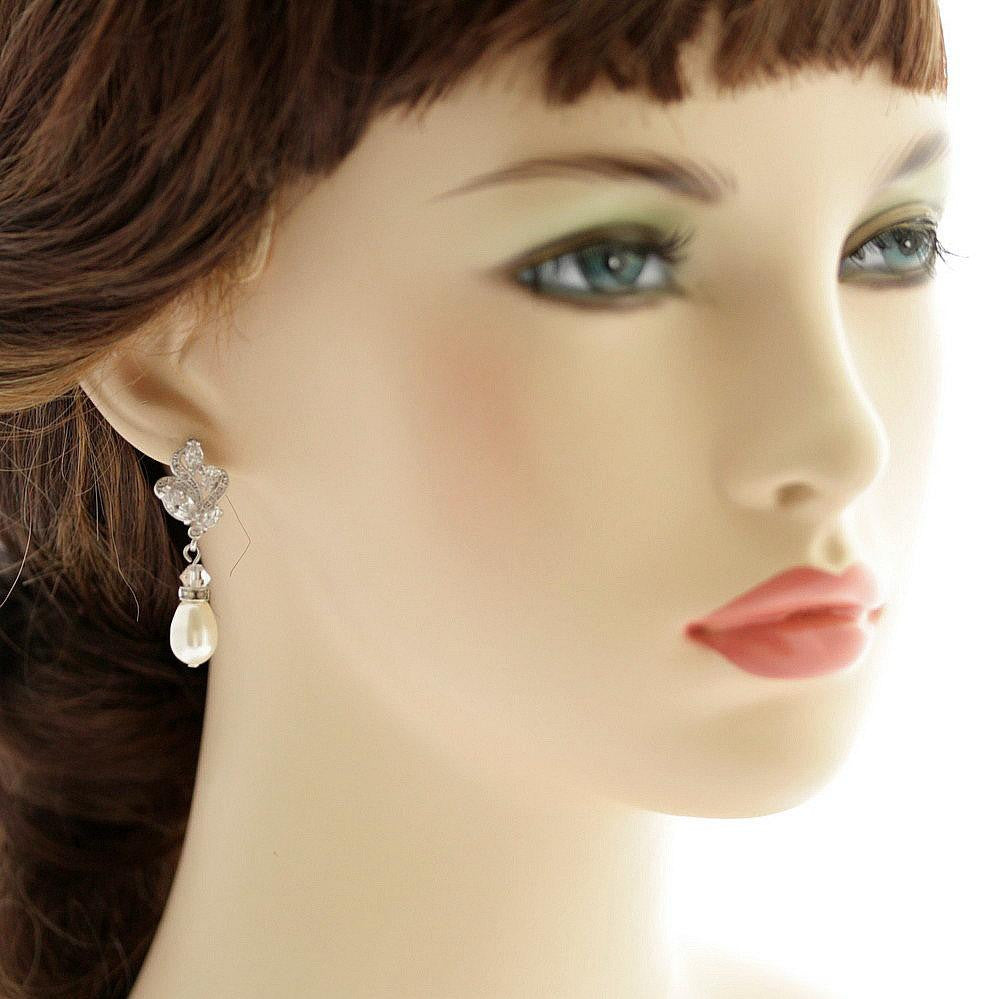 Silver Bridal Earrings With Pearl Drops-Wavy