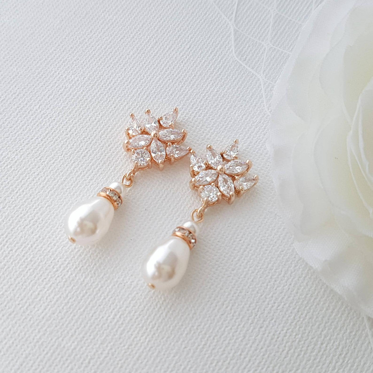 Gold Drop Earrings for Weddings with Teardrop Pearls-Rosa