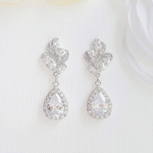 Clear Crystal Drop Earrings for Wedding Silver-Wavy