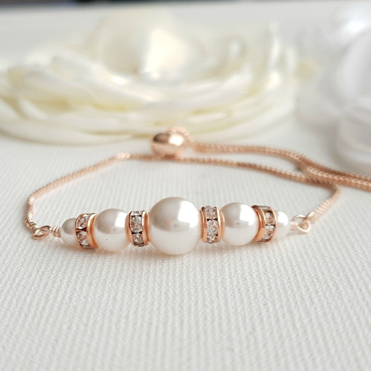 pearl bridal bracelets in rose gold for brides- Poetry Designs