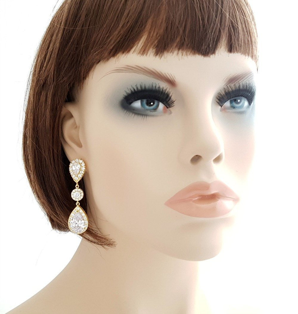 Drop Gold Earrings for Weddings with Teardrop Cubic Zirconia-Penelope