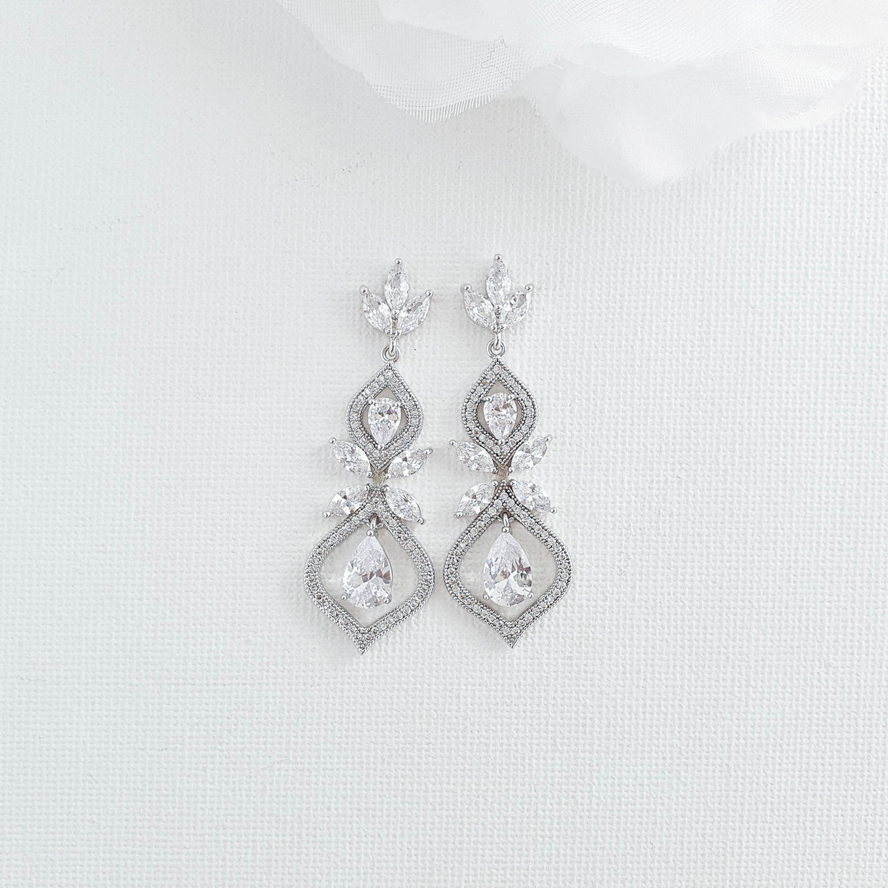 Crystal Teardrop Wedding Earrings for Brides Silver- Meghan