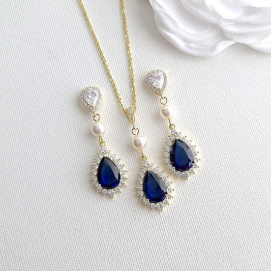Sapphire Blue Wedding Jewellry Set In Gold-Aoi