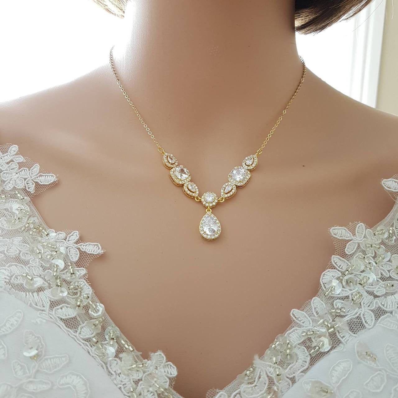 Gold & Cubic Zirconia Back Necklace-Gianna