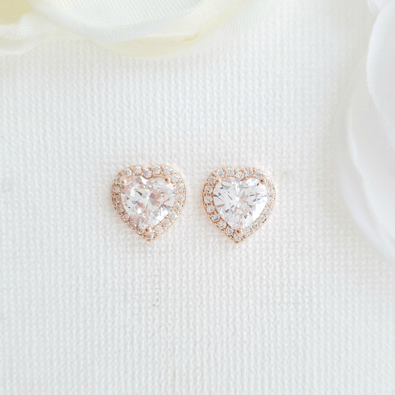14K Gold Cubic Zirconia Heart Earrings Studs -Diana