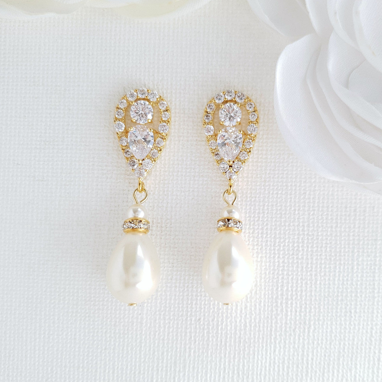 Rose Gold Pearl Drop Earrings-Cera