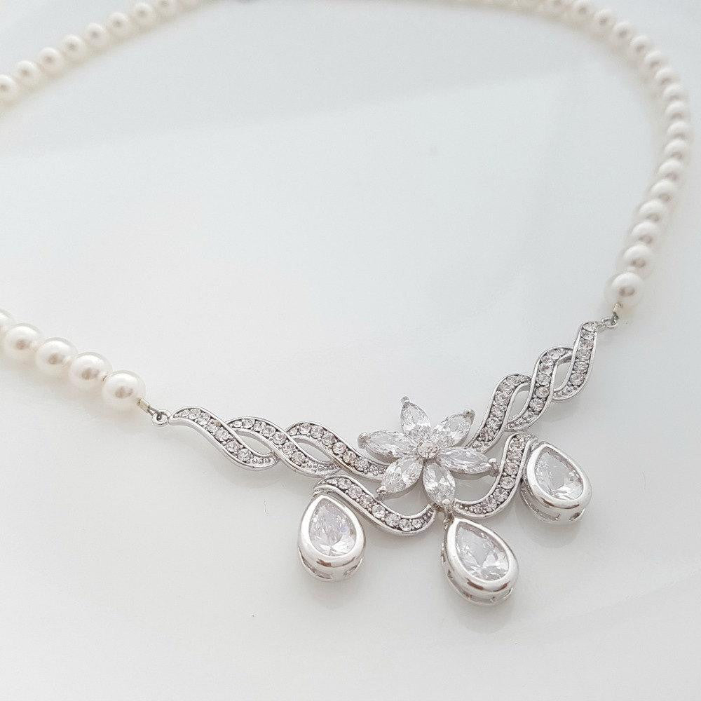 Wedding Necklace Pearl Crystal, Crystal Bridal Necklace,  Pearl Necklace, CZ Pendant, Necklace for Wedding, Bridal Jewelry, Astra