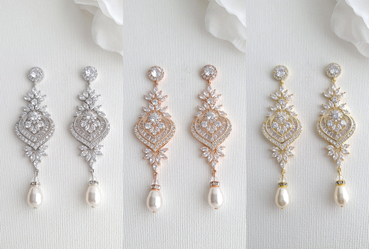 Rose Gold, Silver, Gold Chandelier Wedding Earrings- Poetry Designs