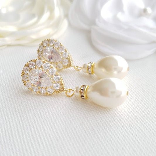 Gold Pearl Drop Earrings for Weddings- Poetry Designs