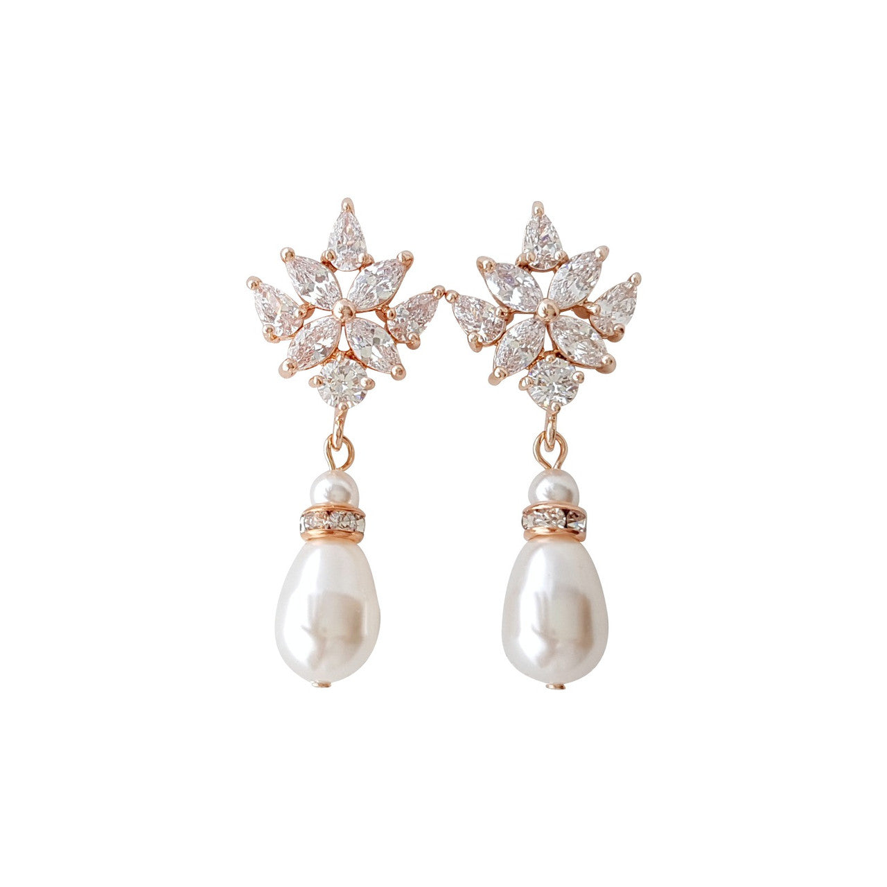 Crystal Bridal Earrings with Pearl Drop- Rosa