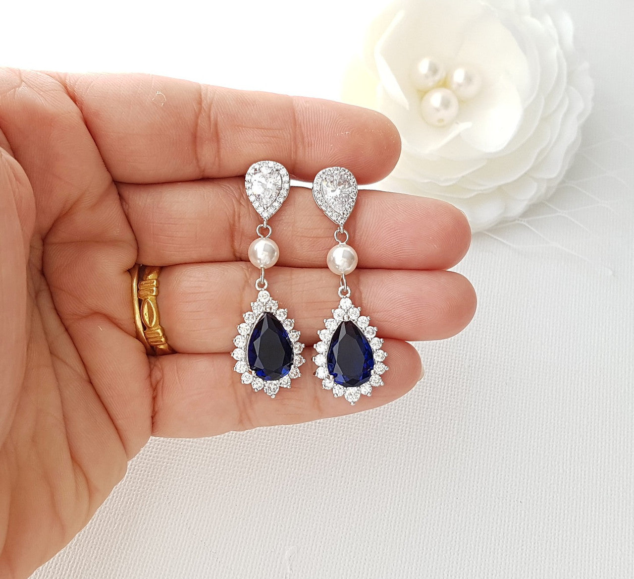 Sapphire Blue Drop Earrings Rose Gold- Aoi