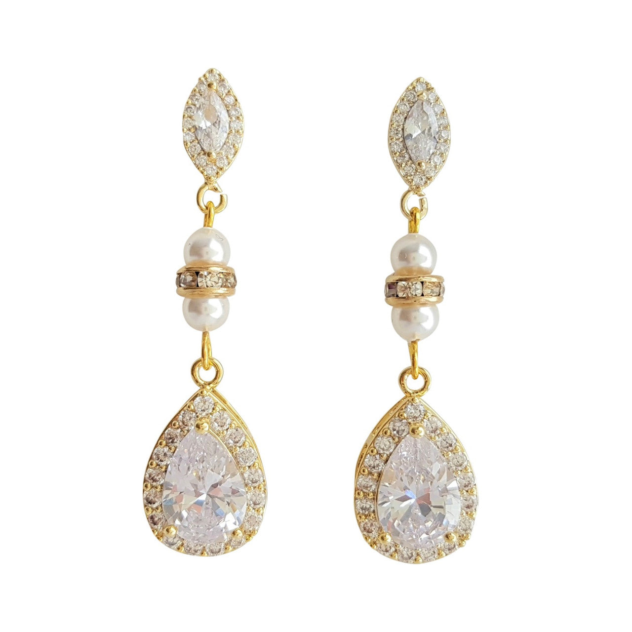 CZ & Pearl Wedding Drop Earrings for Brides-Ella