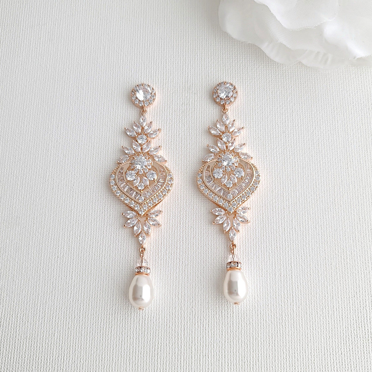 Long Rose Gold Chandelier Wedding Earrings- Poetry Designs