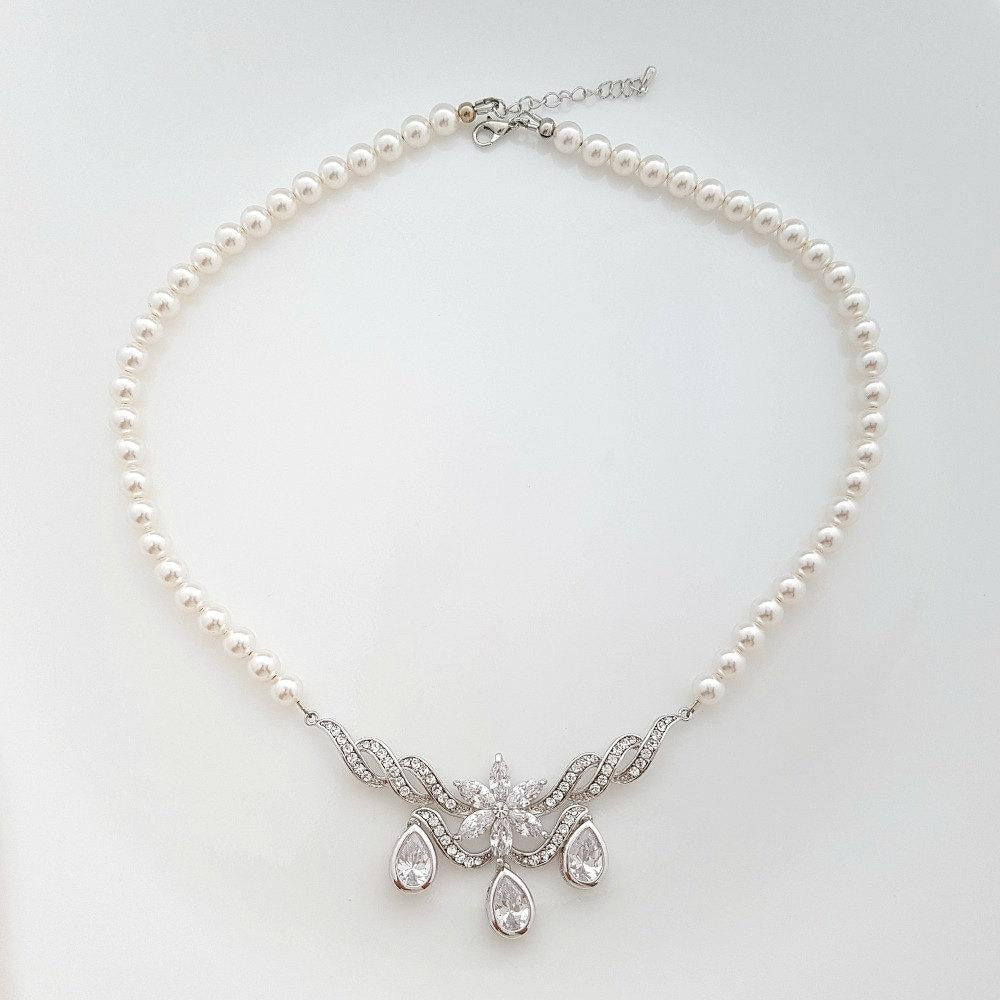 Wedding Necklace Pearl Crystal, Crystal Bridal Necklace,  Pearl Necklace, CZ Pendant, Necklace for Wedding, Bridal Jewelry, Astra