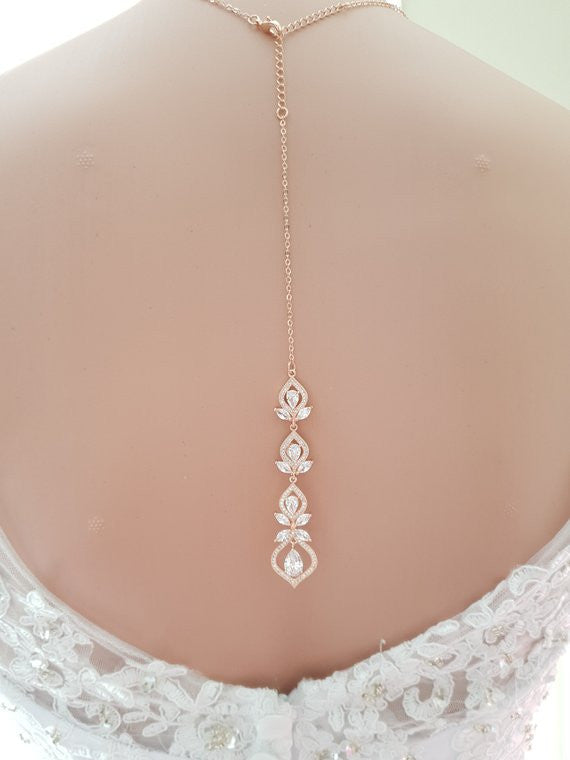 Back Necklace Rose Gold Bridal Necklace Crystal Wedding Necklace Gold Back Drop Necklace Backdrop Necklace for Brides Bridal Jewelry Meghan