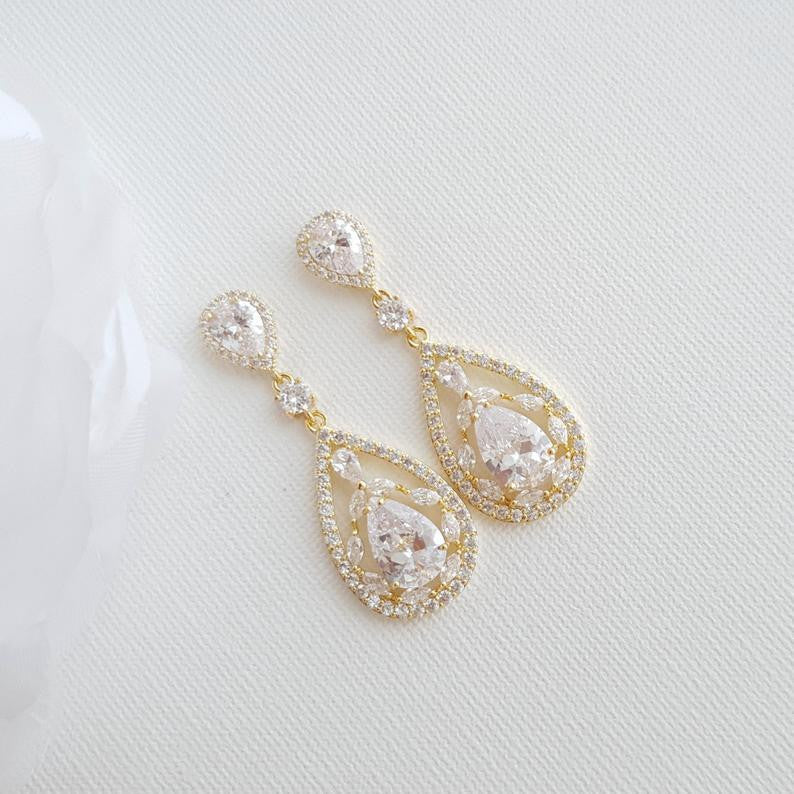 Yellow Gold Bridal Earrings in Cubic Zirconia for Brides-Esther