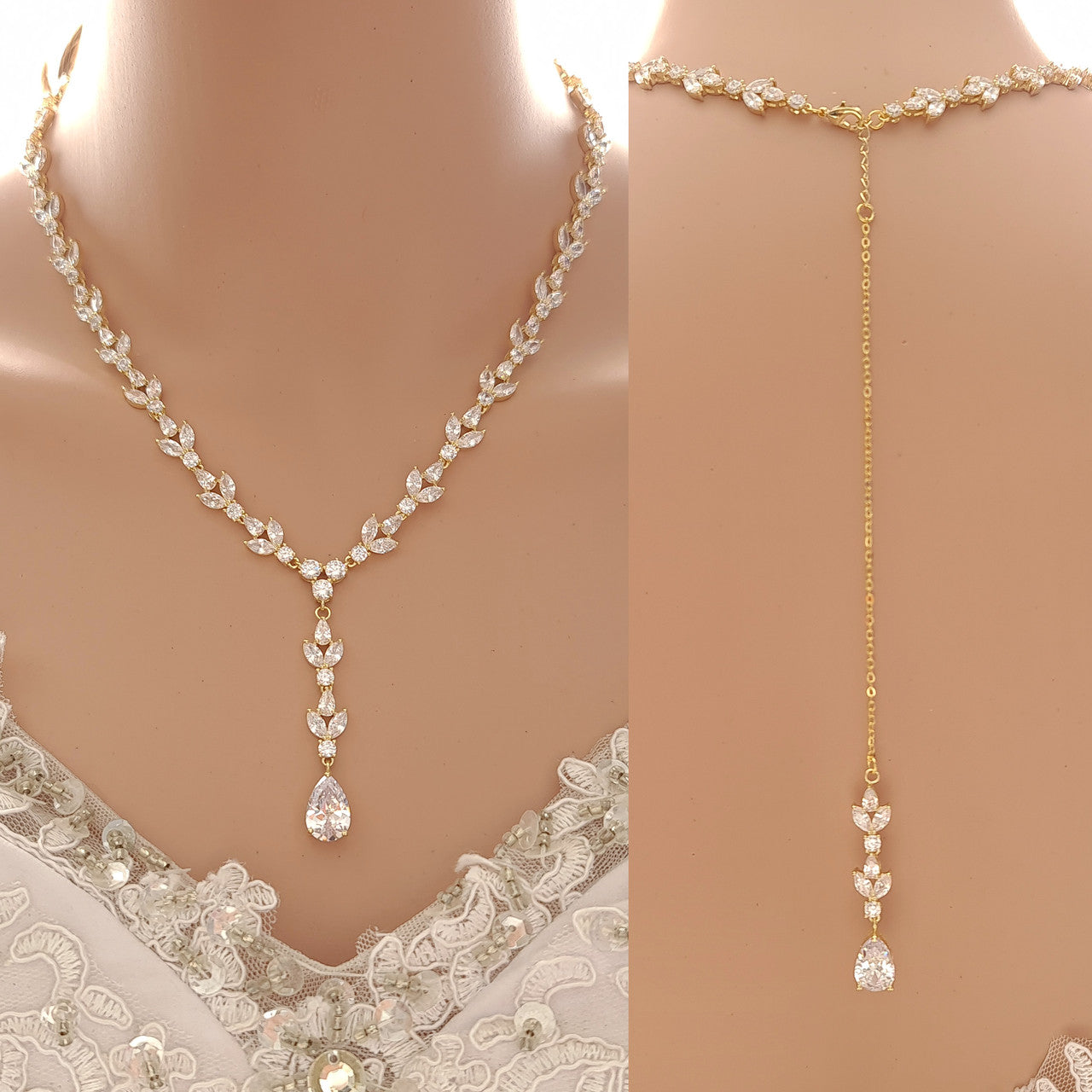 Full Crystal Wedding Necklace with Simple Backdrop Gold-Anya