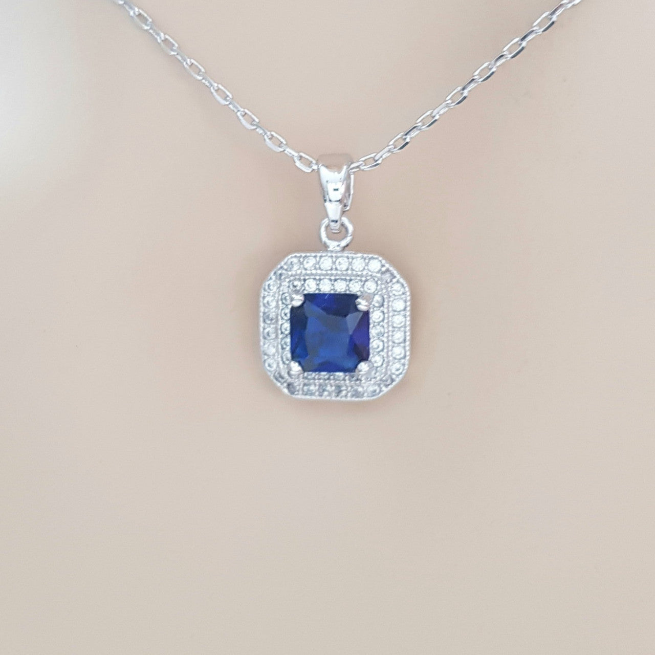 Blue Sapphire Cubic Zirconia Necklace Pendant- Quad Blue
