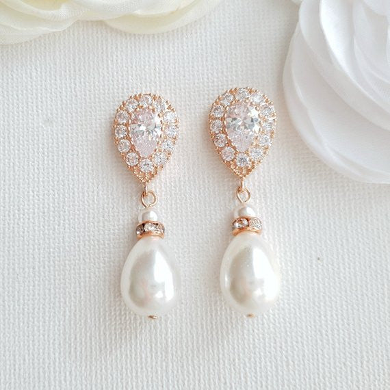 Rose Gold Pearl Earrings for Weddings- Poetry Designs