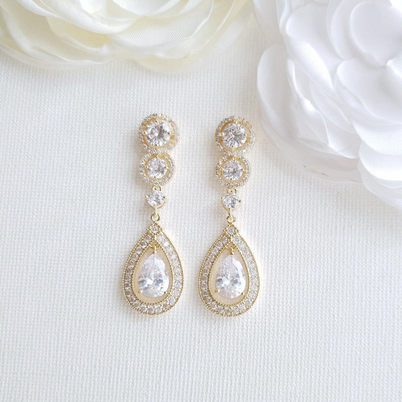 14k Gold Plated Cubic Zirconia Bridal Earrings- Sarah