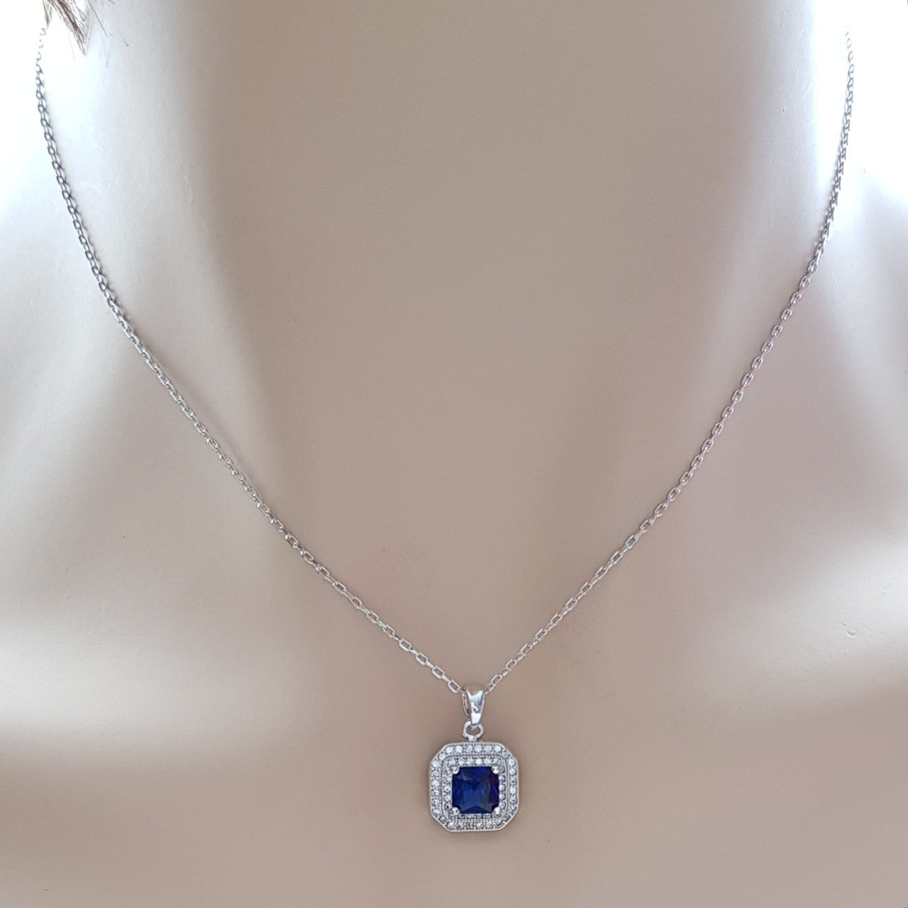 Blue Sapphire Cubic Zirconia Necklace Pendant- Quad Blue
