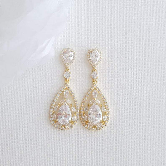 Yellow Gold Bridal Earrings in Cubic Zirconia for Brides-Esther