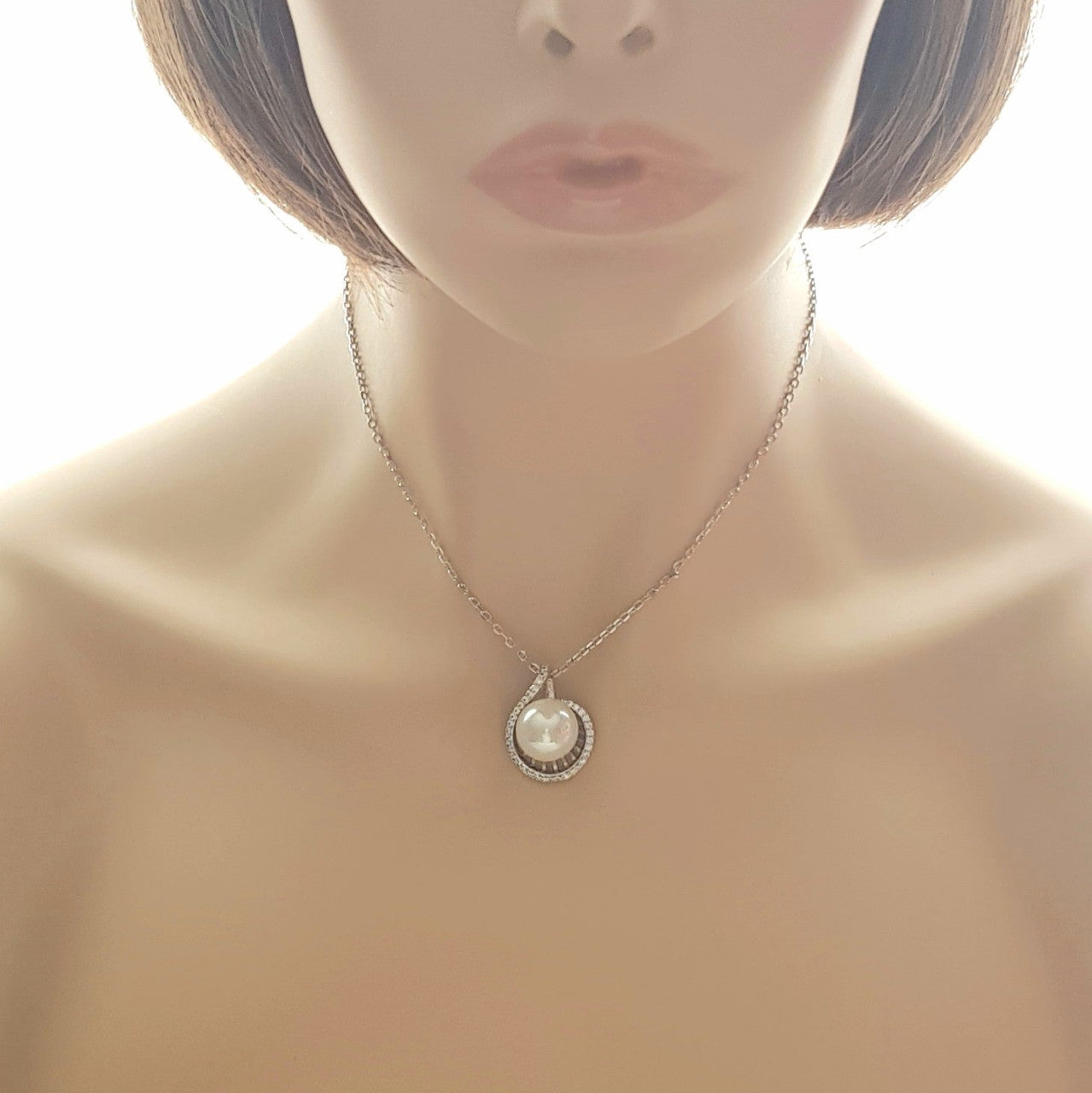 Large Pearl Pendant Silver Necklace-Jen