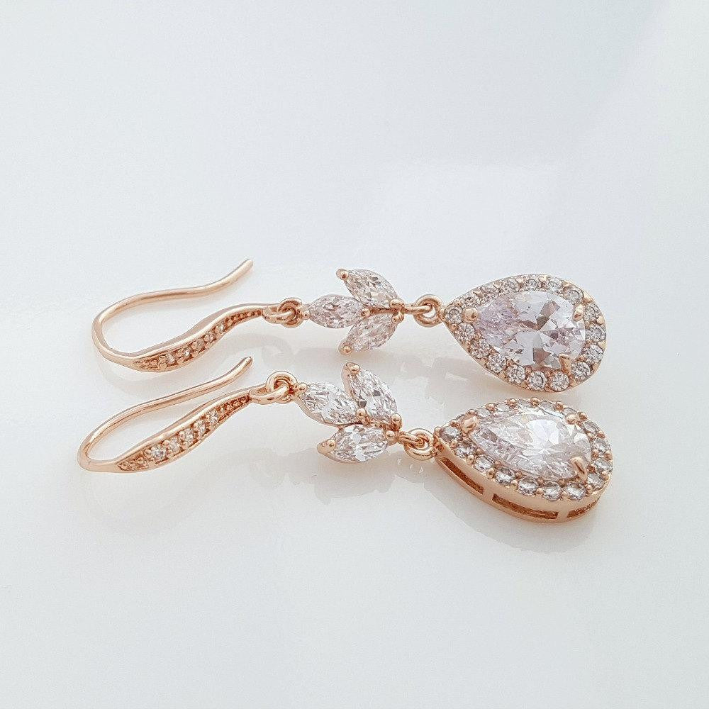 Bridal Rose Gold Teardrop Earrings Wedding Jewelry Rose Gold Crystal Drop Earrings, Lotus Earrings