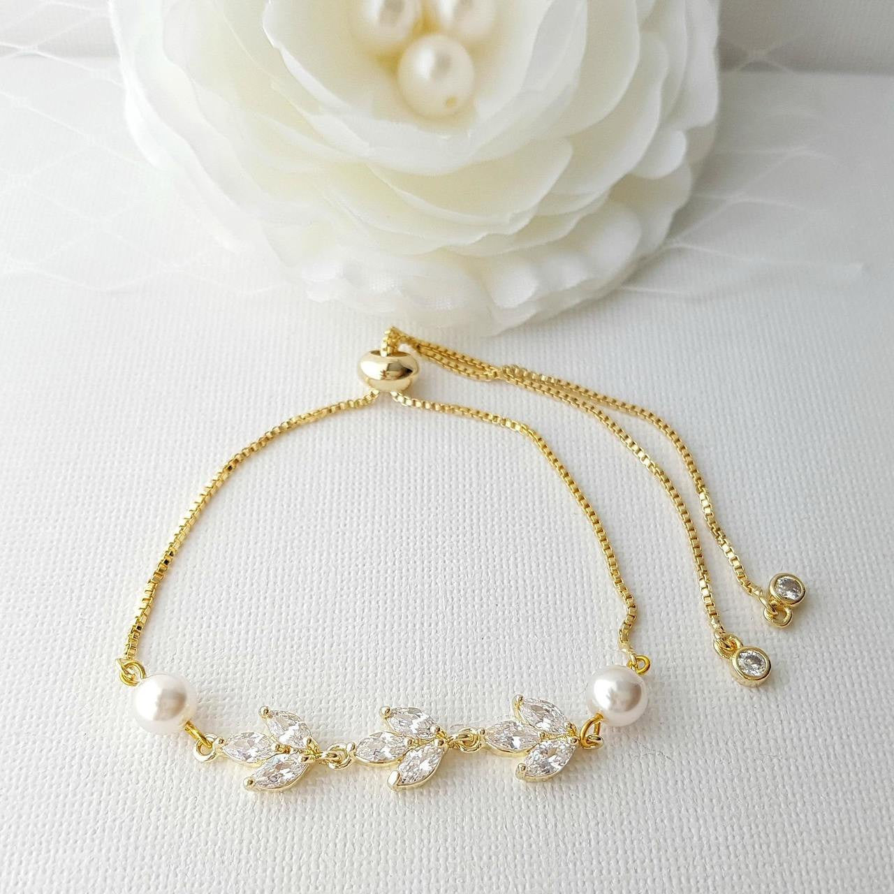 CZ & Pearl Bracelet for Bride in Silver, Gold & Rose Gold-Leila