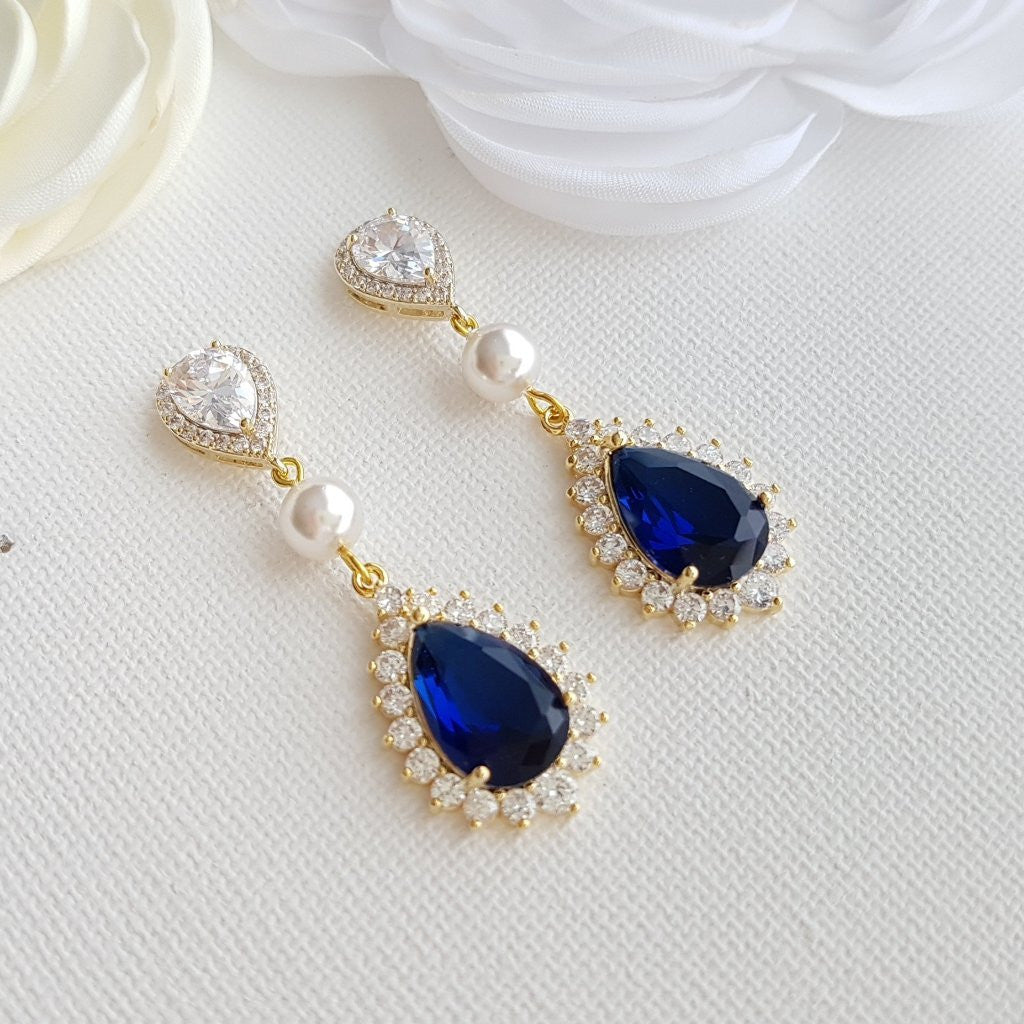 Earrings for Brides in Gold and Blue Crystal Drop - Poetry Designs