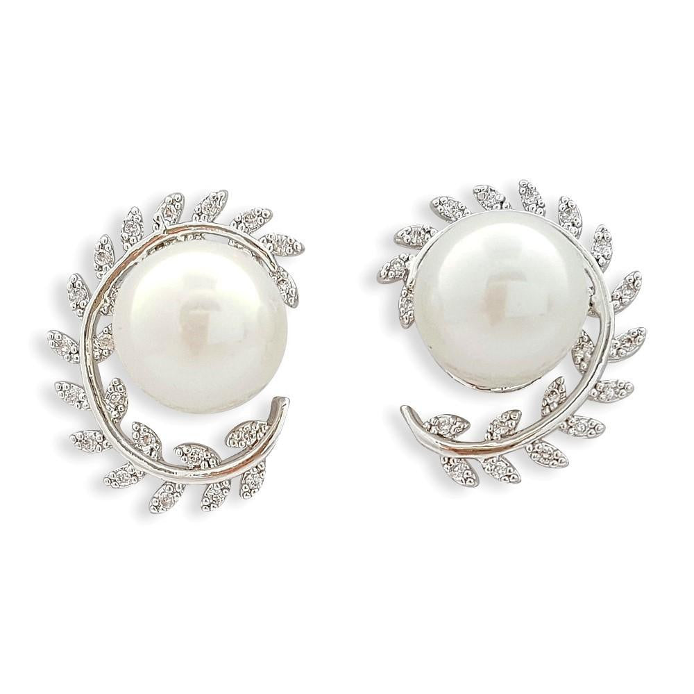 Silver Leaf Stud Earrings with pearls for Brides