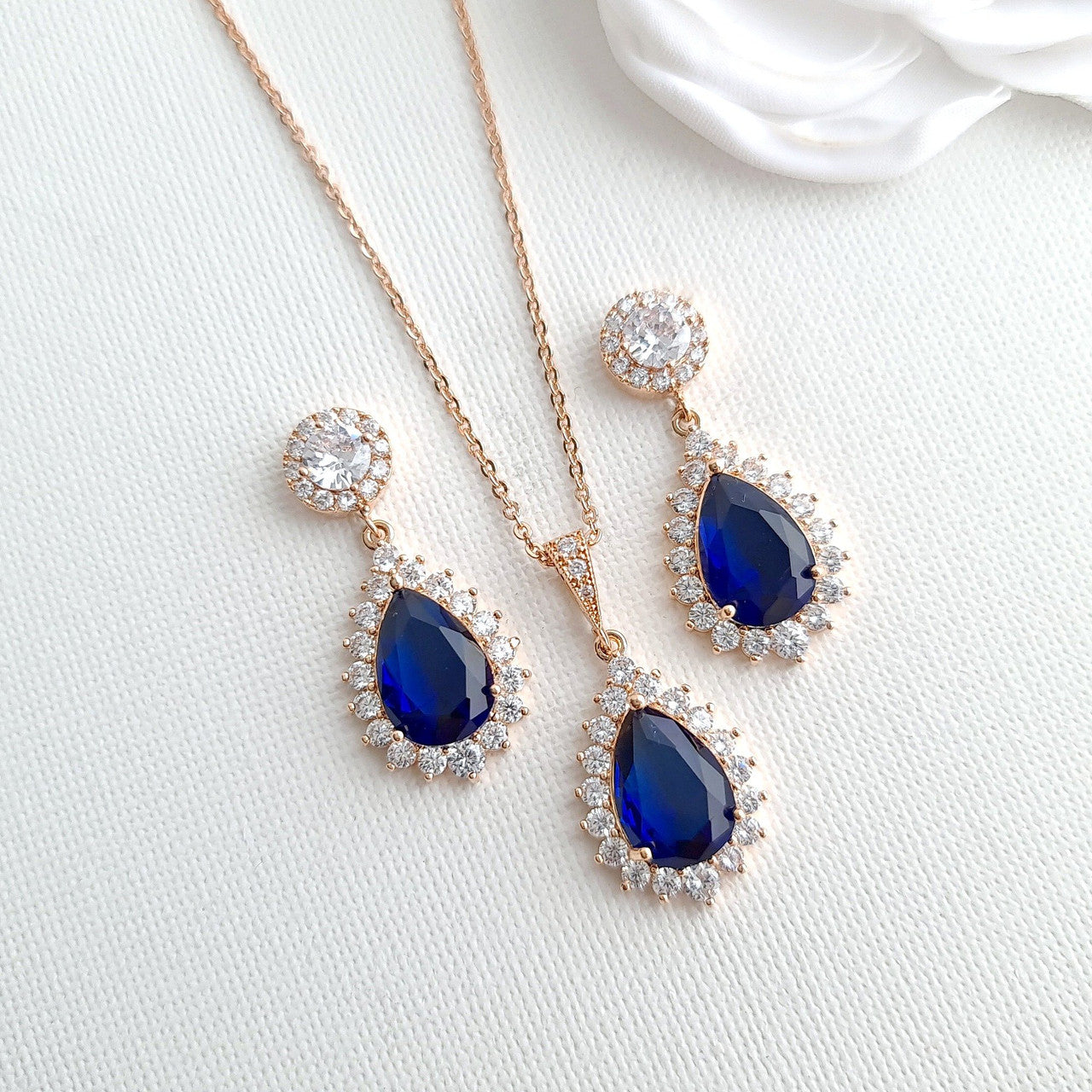 Sapphire Blue Stone Earrings Bracelet Necklace Set-Aoi