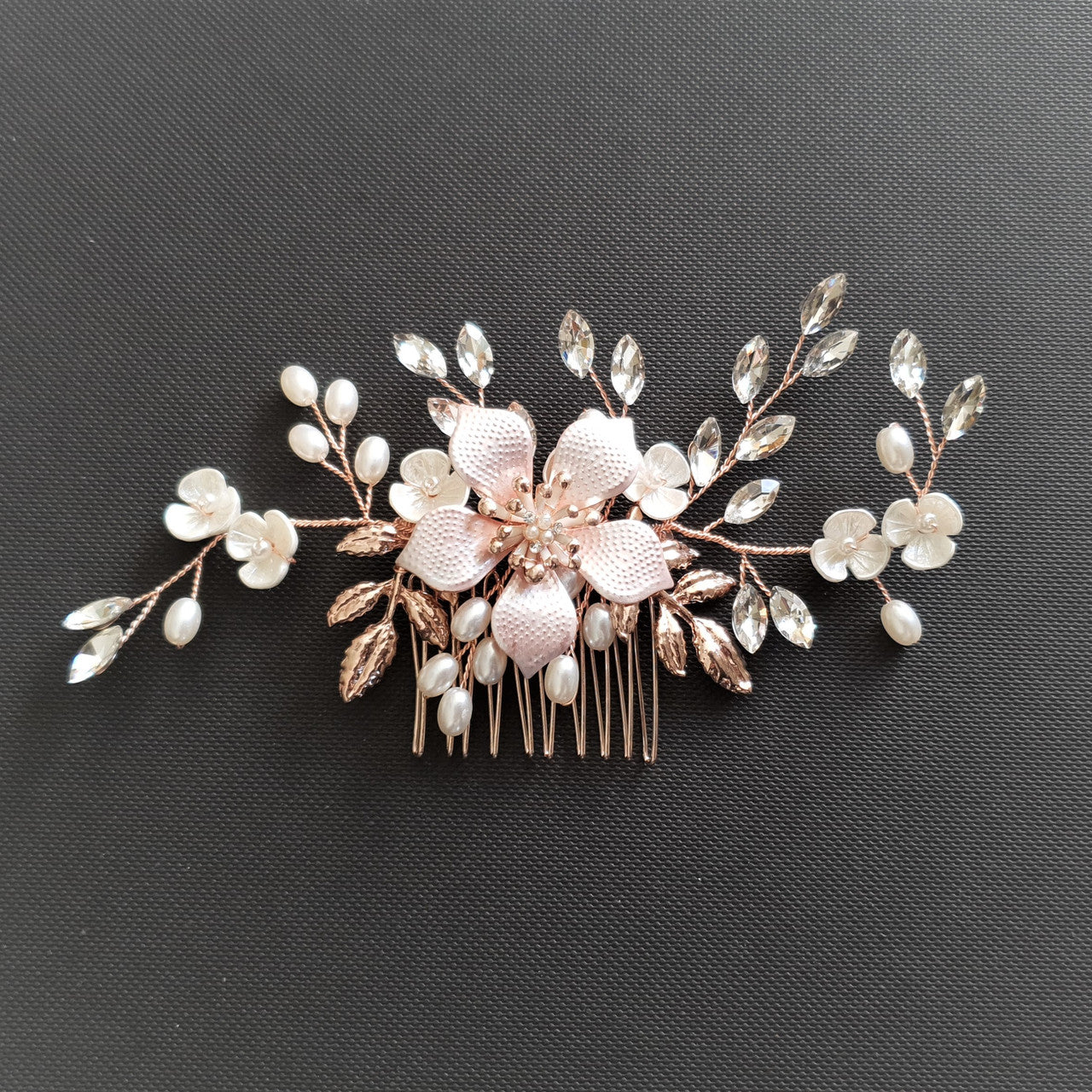 Jewelled Rose Gold Bridal Hair Comb with Pearl & Crystal Leaves-Freya
