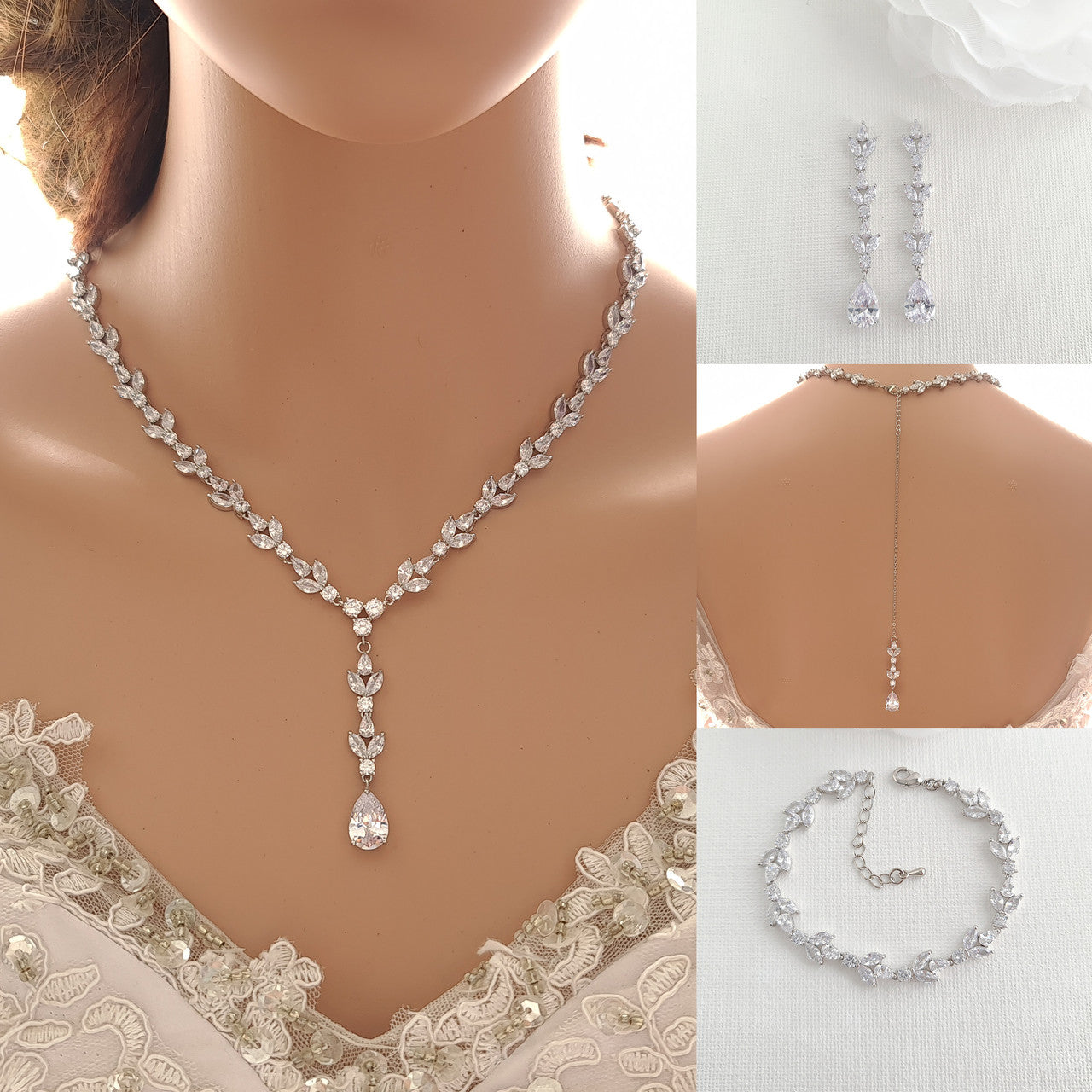 14k Gold & Cubic Zirconia Necklace Bracelet Earring Set for Wedding-Anya
