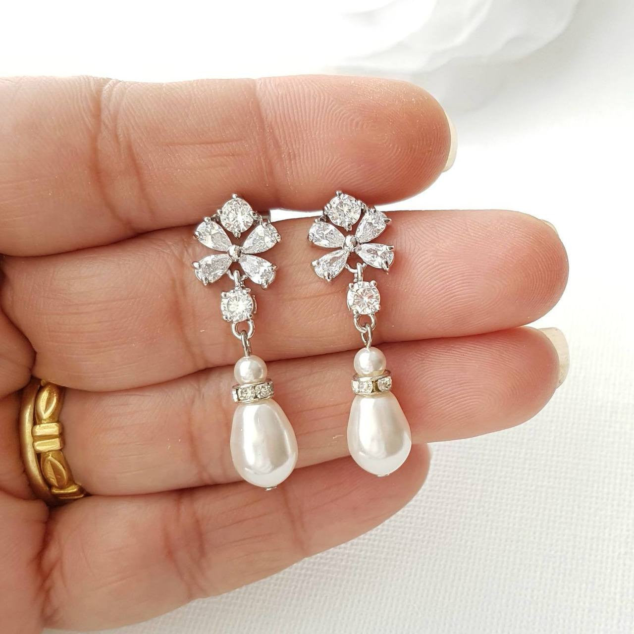 Pearl Drop Earrings for Weddings with Flower Ear Posts Lila