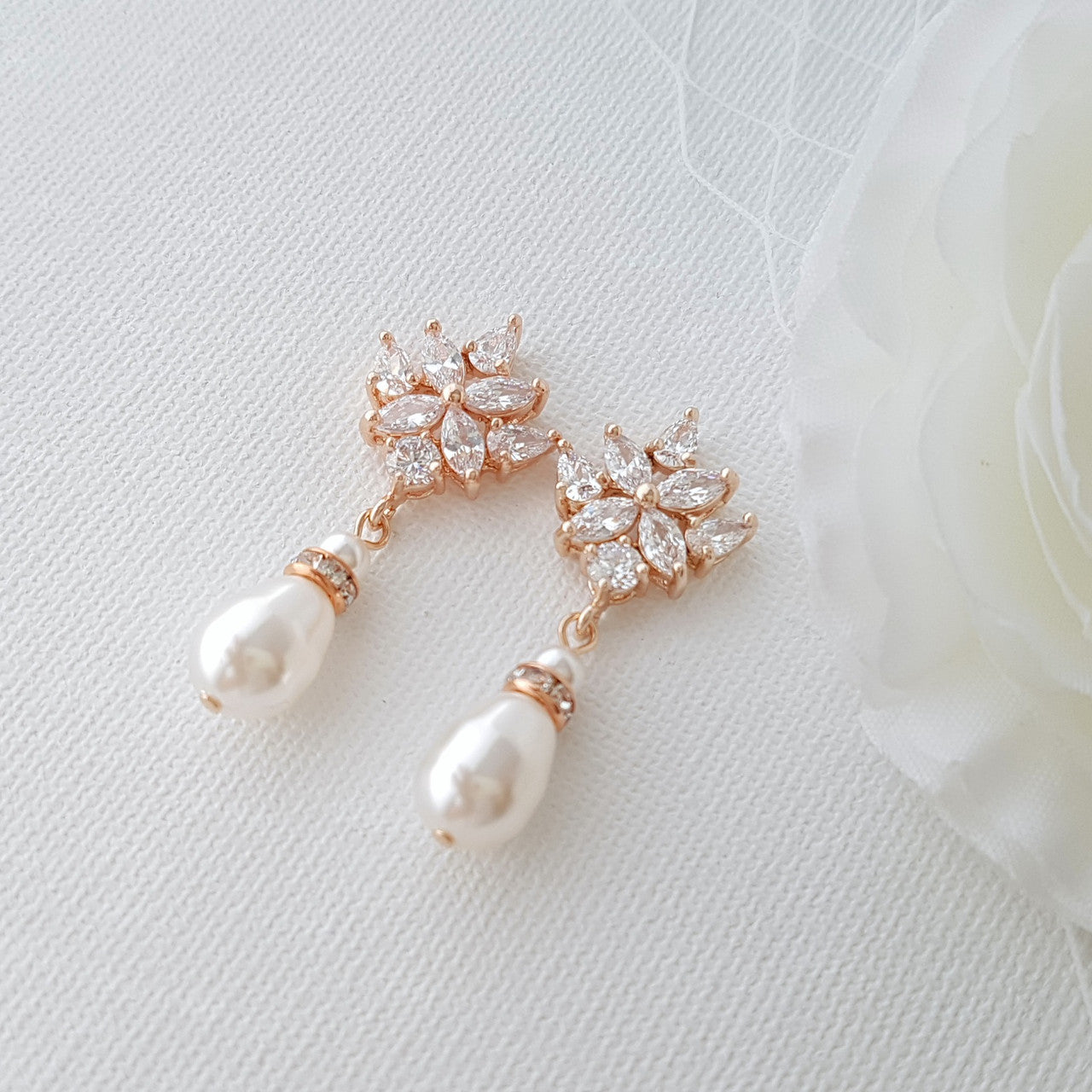 Crystal Bridal Earrings with Pearl Drop- Rosa