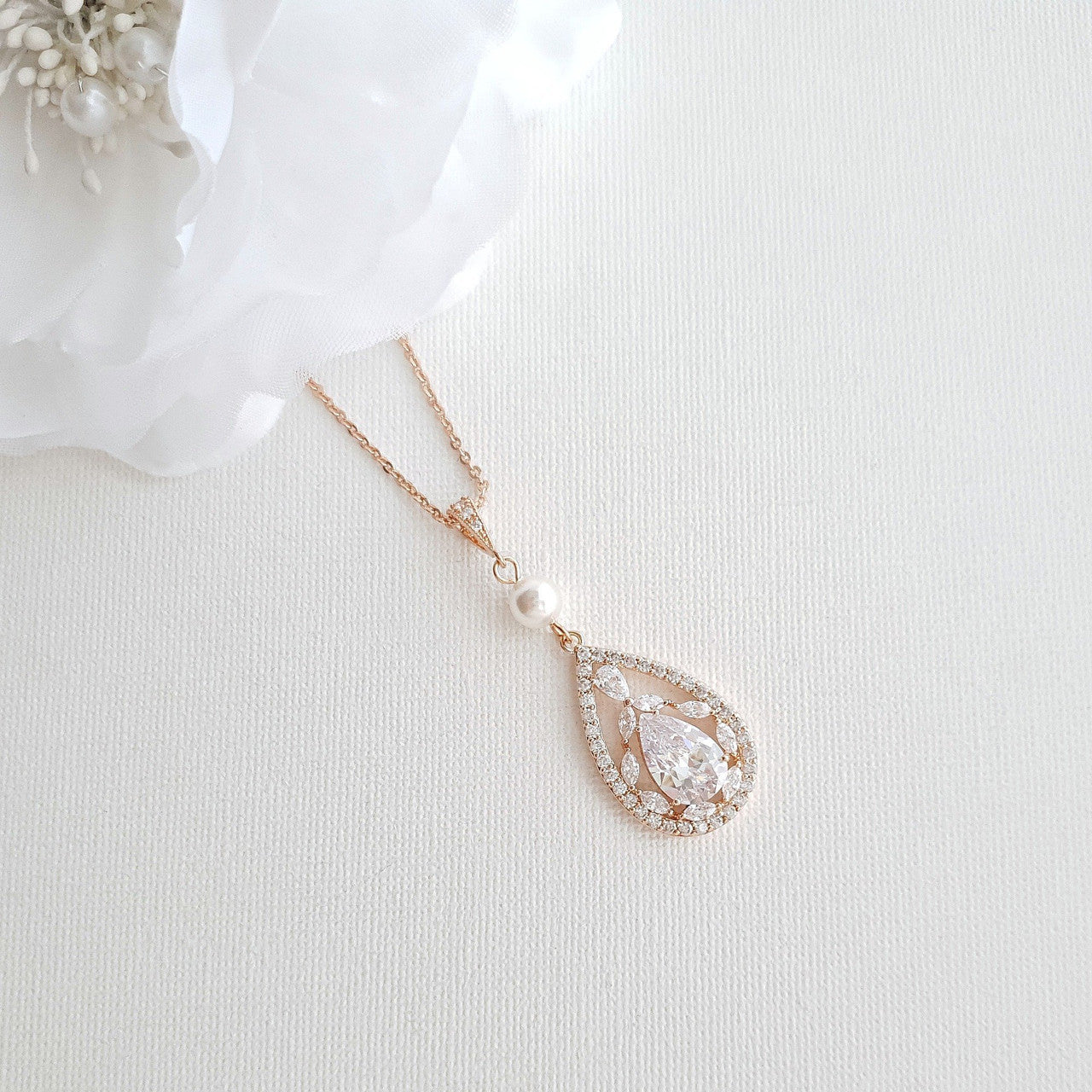 Bridal Pendant Necklace with Teardrop CZ Crystals-Esther